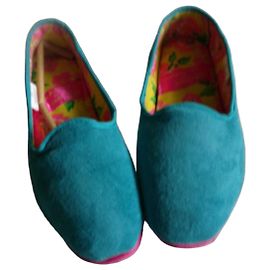 Autre Marque Fiorucci Turquoise Faux-Suede Loafers with Floral Lining Turquoise