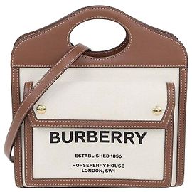 Bolsa Mini Pocket Burberry Castanha, Bege em Lona e Couro Marrom Bege