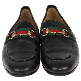 Gucci Black Leather Web Horsebit Loafers Black