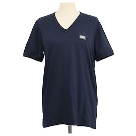 T-shirt Dolce & Gabbana em algodão azul marinho com decote em V e placa de logótipo Azul marinho