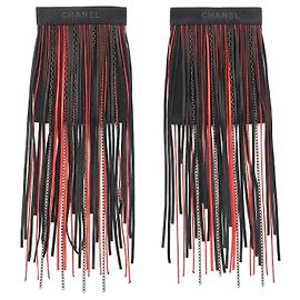Luvas sem dedos Chanel Paris-Dallas com franjas e correntes Preto Vermelho Gold hardware