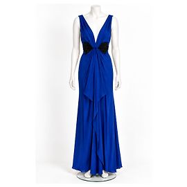 Jenny Packham Blue Silk Evening Gown with Black Bow Blue
