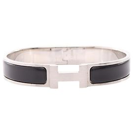 Brazalete Hermès Clic H Esmalte Negro y Plateado Acero Negro Plata