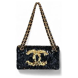Chanel Summer Nights Medium Flap Bag Blue & Gold Sequins Black Golden Metallic Gold hardware
