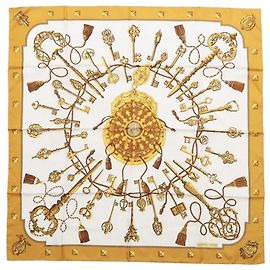 Hermès Lenço de seda Carré 90 Les Cles Keys branco e dourado Dourado