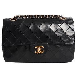 Chanel Bolsa Classic Double Flap pequena 1989 em pele de cordeiro preta Preto