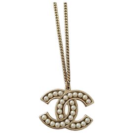 Collier Chanel CC en perles - Chaîne dorée Blanc Doré