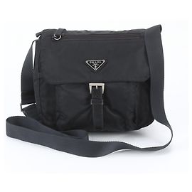 Prada Tessuto Nylon Triangle Logo Leather Shoulder Bag Black