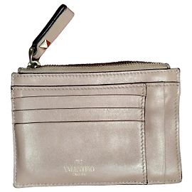 Valentino Garavani Rockstud Leather Card Holder Brown Pink