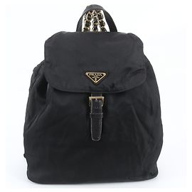 Prada Tessuto Nylon Triangle Logo Chain Leather Backpack Black