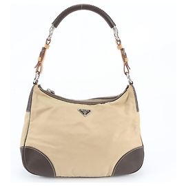 Bolsa de ombro em couro e nylon Tessuto com logótipo triangular Prada Bege