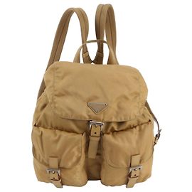 Prada Tessuto Nylon Triangle Logo Leather Backpack Shoulder Bag Brown