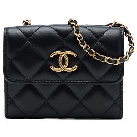 Chanel Black CC Quilted Lambskin Card Holder with Padded Chain Strap Black