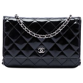 Chanel Black CC Quilted Patent Wallet On Chain Black