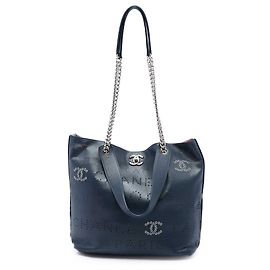 Chanel Blue Calfskin Coco Eyelets Shopping Tote Bleu Bleu Marine