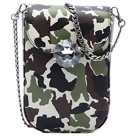 Capa de telemóvel crossbody Miu Miu em pele de vitelo com estampado camuflado e cristais verdes Verde