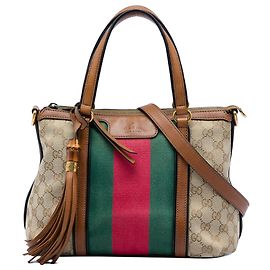 Borsa Satchel Gucci in tela GG beige con nappe in bambù e Web Beige