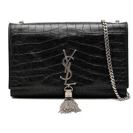 Autre Marque Saint Laurent Black Medium Croc Embossed Leather Monogram Kate Tassel Crossbody Black