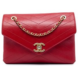 Chanel Red Small Chevron Lambskin Stitched Envelope Flap Rosso