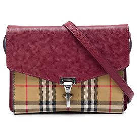 Burberry Red Small Leather and House Check Canvas Derby Macken Crossbody Roja Burdeos