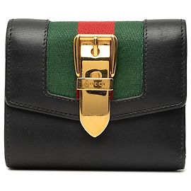 Gucci Black Calfskin Sylvie Web Compact Wallet Black