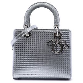 Dior Silver Medium Metallic Patent Microcannage Lady Dior Argenté