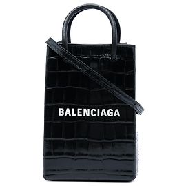 Balenciaga Black Mini Croc Embossed Leather Shopping Phone Holder Black
