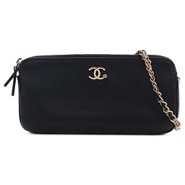 Chanel Black CC Calfskin Double Zip Wallet On Chain Black