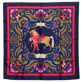 Hermès Pañuelo Hermes Carre 90 Turkish Horse Cheval Turc Multicolor Azul marino