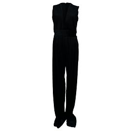 Balmain AW15 Pleated Velvet Plunging Jumpsuit in Black Polyester Black