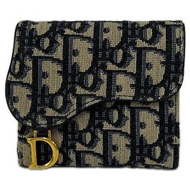 Christian Dior Blue Oblique Jacquard Saddle Lotus Wallet Beige Navy blue