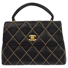 Chanel Surpique Classic Top Handle Flap Quilted Lambskin Small Nero