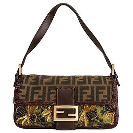 Borsa Baguette Fendi Zucca Pizzo e Perline Marrone D'oro Metallico