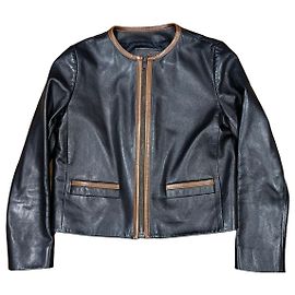 Prada Giacca in pelle nera con rifiniture marroni Marrone Nero