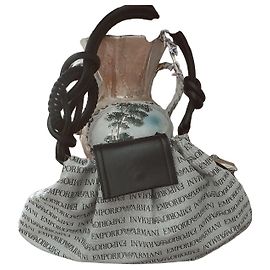 Emporio Armani monogram canvas bag with leather handle Black White