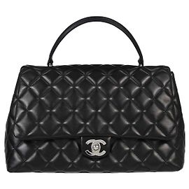 Chanel Vintage Classic Top Handle Flap Quilted Lambskin Jumbo Preto