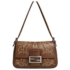 Fendi Bolsa Mini Mamma Baguette em couro bordado marrom escuro Marrom