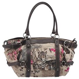 Salvatore Ferragamo Bolsa Boston Fiera Conversível com Cinto em Nylon Estampado e Couro Medium Bege