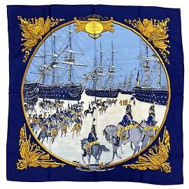 Hermès Lenço de seda Hermes Marine et Cavalerie Amarelo Azul marinho