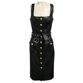 L'Agence Black Idy Button Front Faux Leather Midi Dress Noir