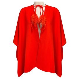 Valentino Garavani Capa de lana Valentino naranja con ribete de plumas Naranja