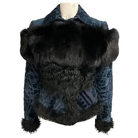 Burberry Prorsum Blue / Black Samt-Jacquard-Jacke mit Pelzbesatz Blau