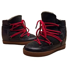 Stivaletti con zeppa Isabel Marant in camoscio nero e pelle con lacci rossi Nero Rosso