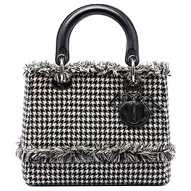 Black Dior Medium Tweed Fringe Houndstooth Lady Dior Satchel Black