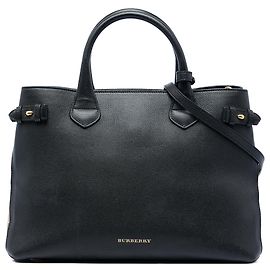 Bolsa Satchel Banner Burberry Medium em couro e House Check preto Preto
