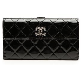Black Chanel CC Quilted Patent Brilliant Continental Wallet Long Wallets Black