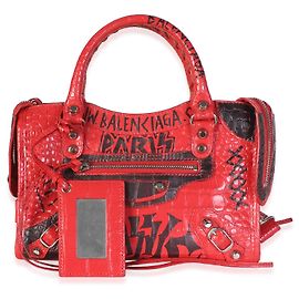Bolsa Mini City Balenciaga em couro de bezerro vermelho com relevo de crocodilo, graffiti e ferragens clássicas Preto Vermelho