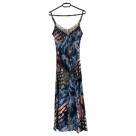 Sandro Robe longue en viscose imprimé drapeau américain Blanc Rouge Bleu Multicolore