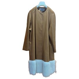 Abrigo de cuero camel Loewe con ribete de piel blanca Blanco Camello
