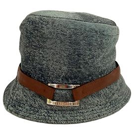 Gianni Versace Grey Denim Bucket Hat with Leather Band Brown Grey